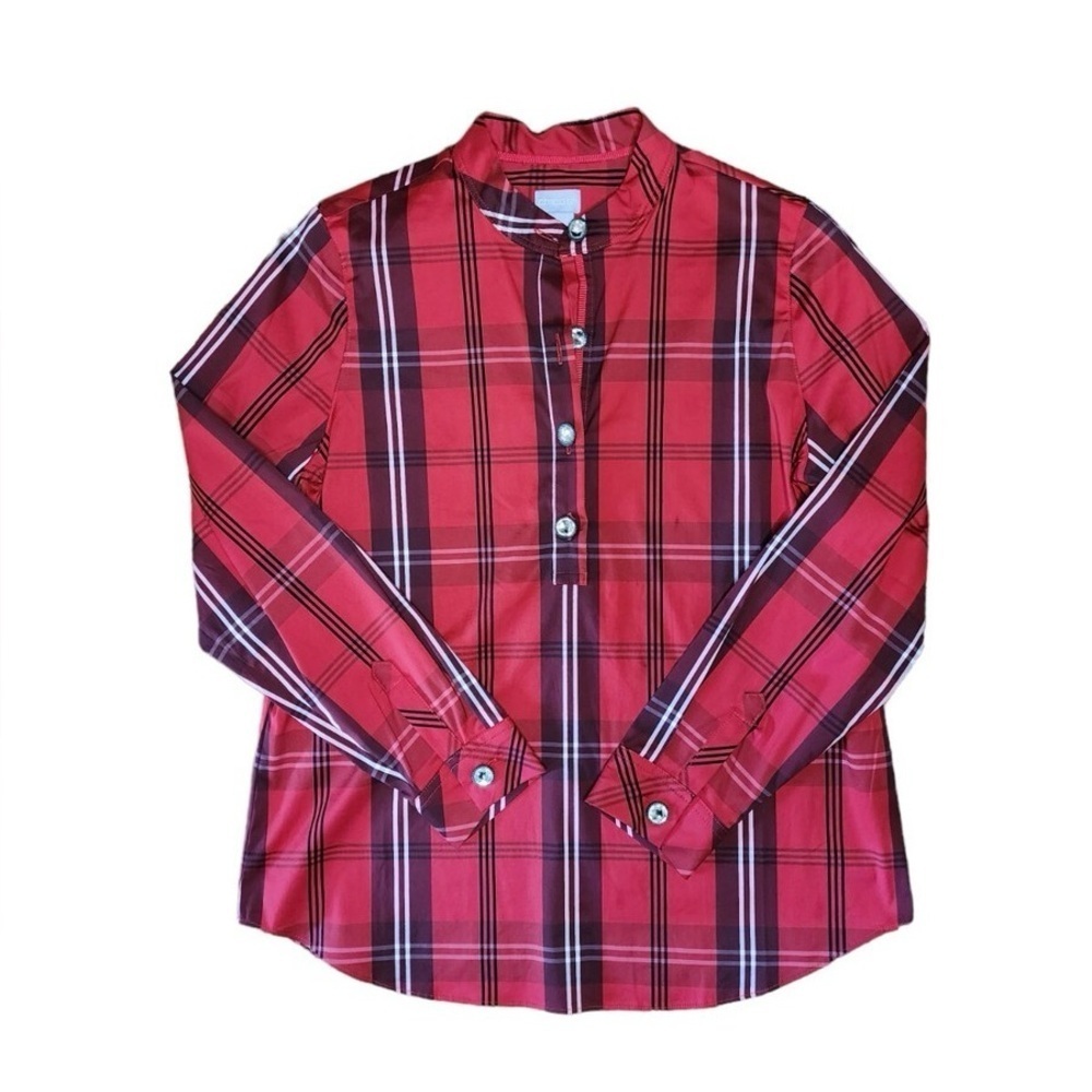 Chicos Red Plaid Henley Long Sleeve Lightweight Christmas